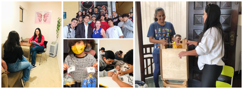 Colagem de atividades do Instituto Ágape Philos: atendimento psicológico, encontro de jovens, entrega de cestas e oficinas com crianças